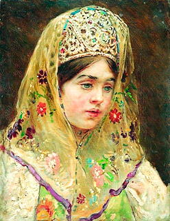 K.Makovsky.  "Portrait of the young girl in the russian traditional costume" border=